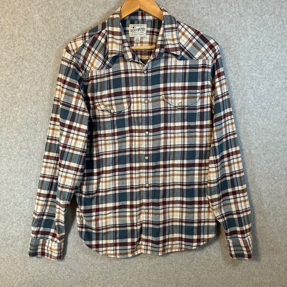 Lucky Brand Western Shirt Mens L Blue Brown Plaid Saturday Stretch Pearl Snap